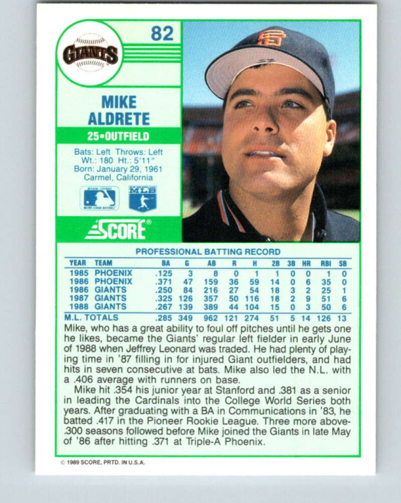 1989 Score #82 Mike Aldrete Mint San Francisco Giants