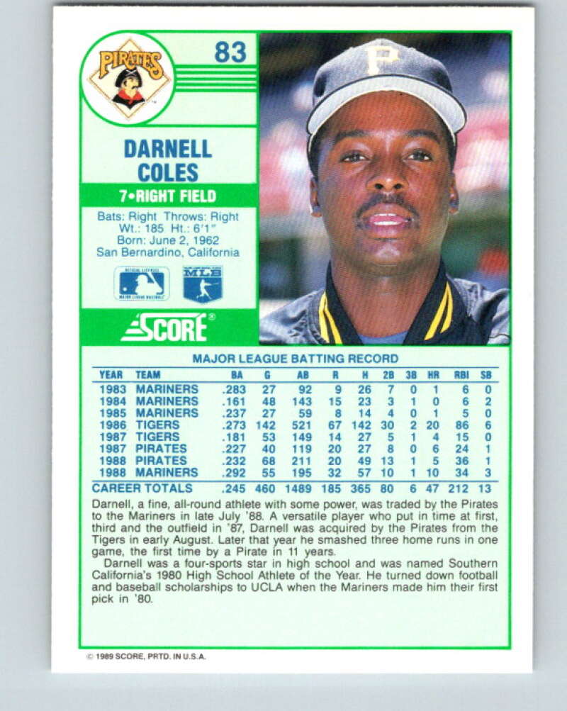 1989 Score #83 Darnell Coles Mint Pittsburgh Pirates