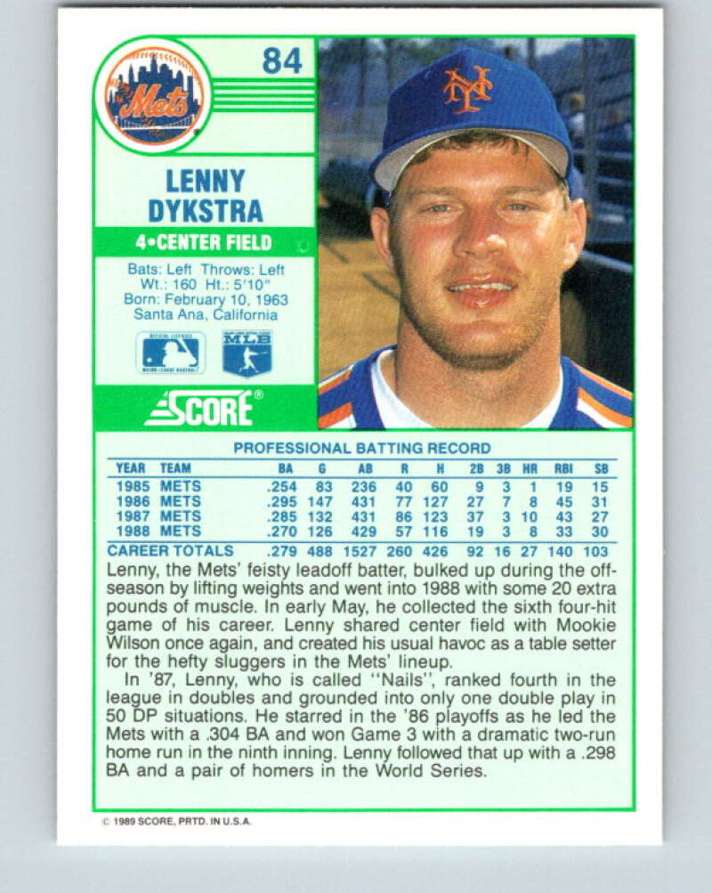 1989 Score #84 Lenny Dykstra Mint New York Mets