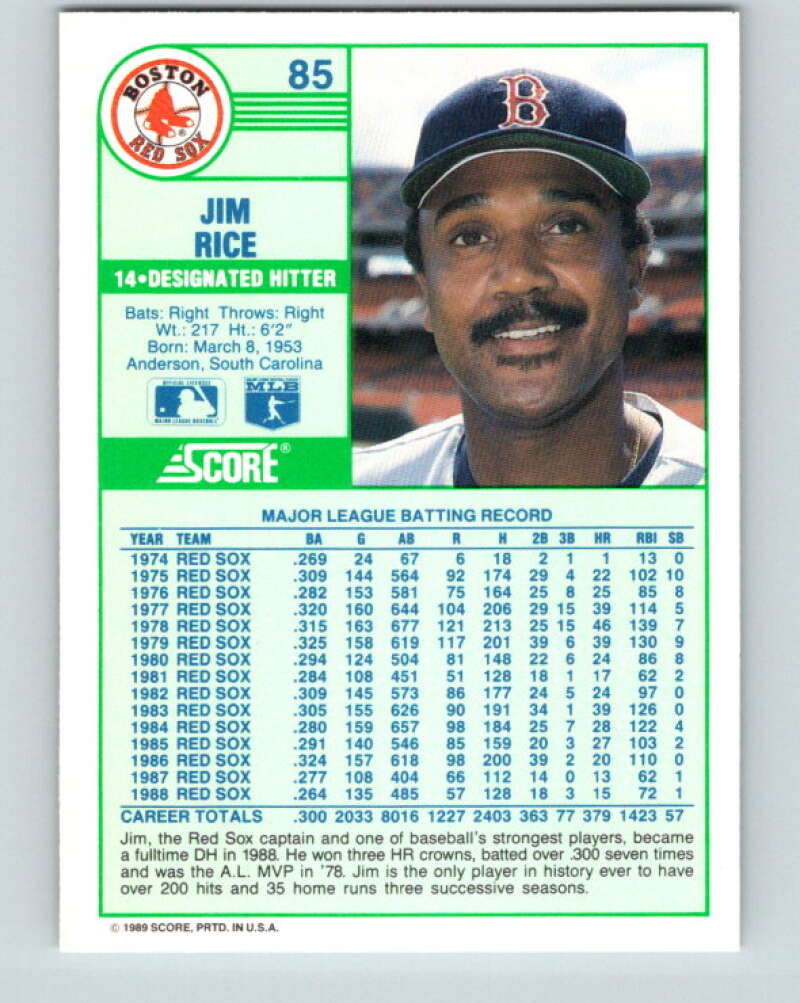 1989 Score #85 Jim Rice Mint Boston Red Sox