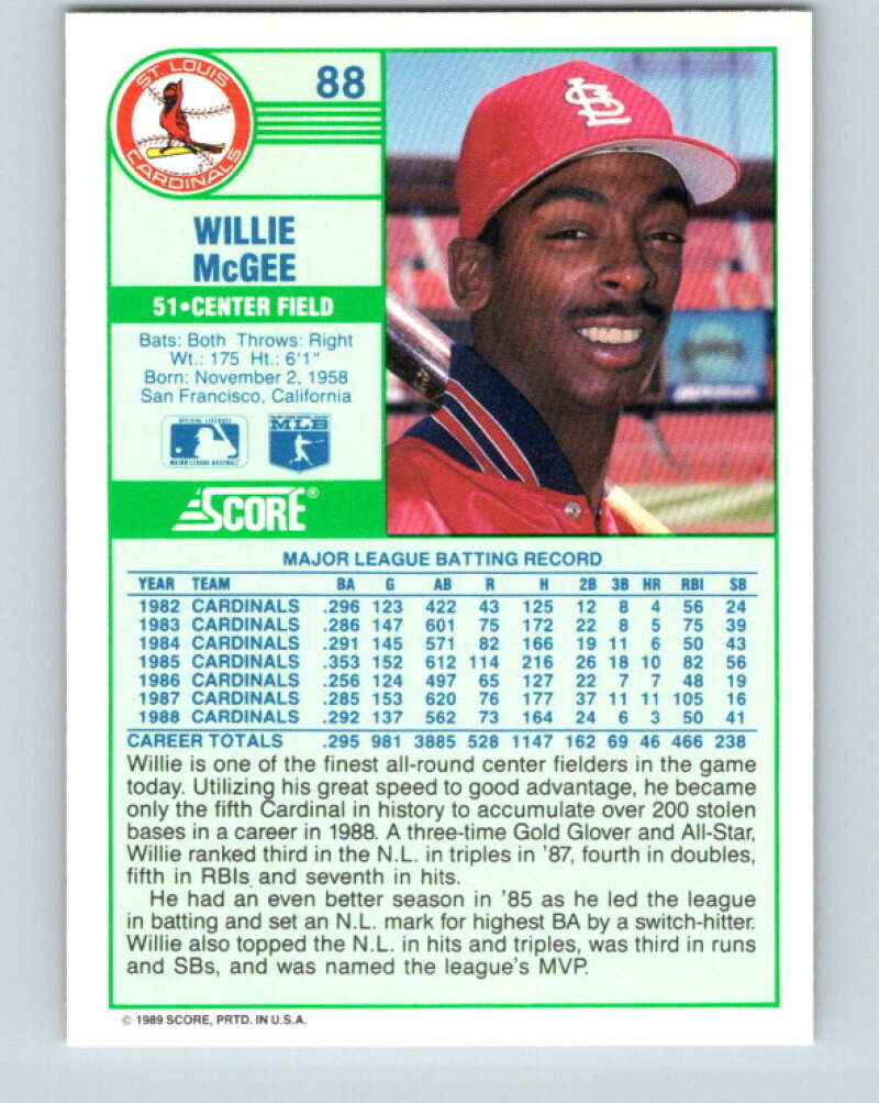 1989 Score #88 Willie McGee Mint St. Louis Cardinals