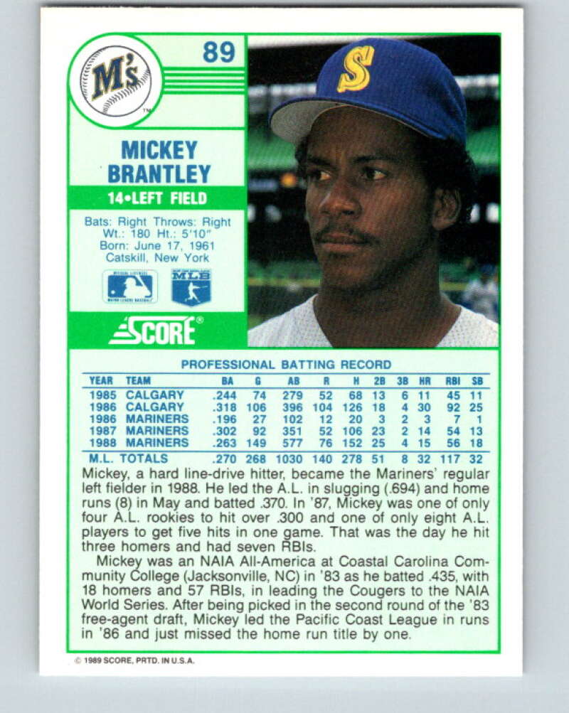 1989 Score #89 Mickey Brantley Mint Seattle Mariners