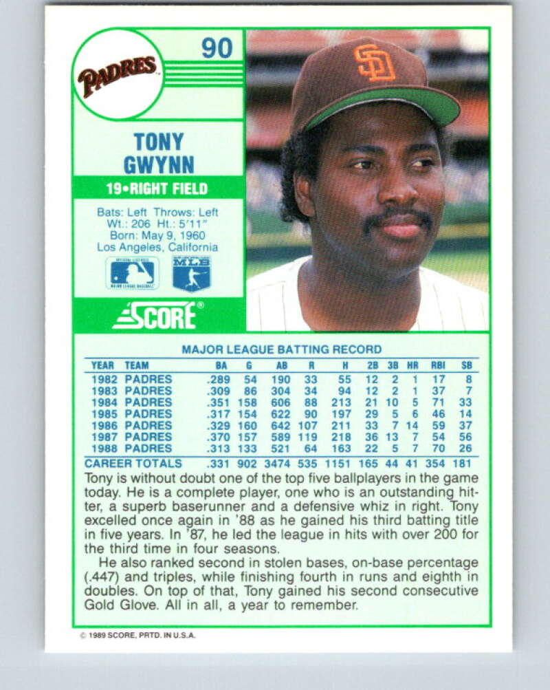 1989 Score #90 Tony Gwynn Mint San Diego Padres
