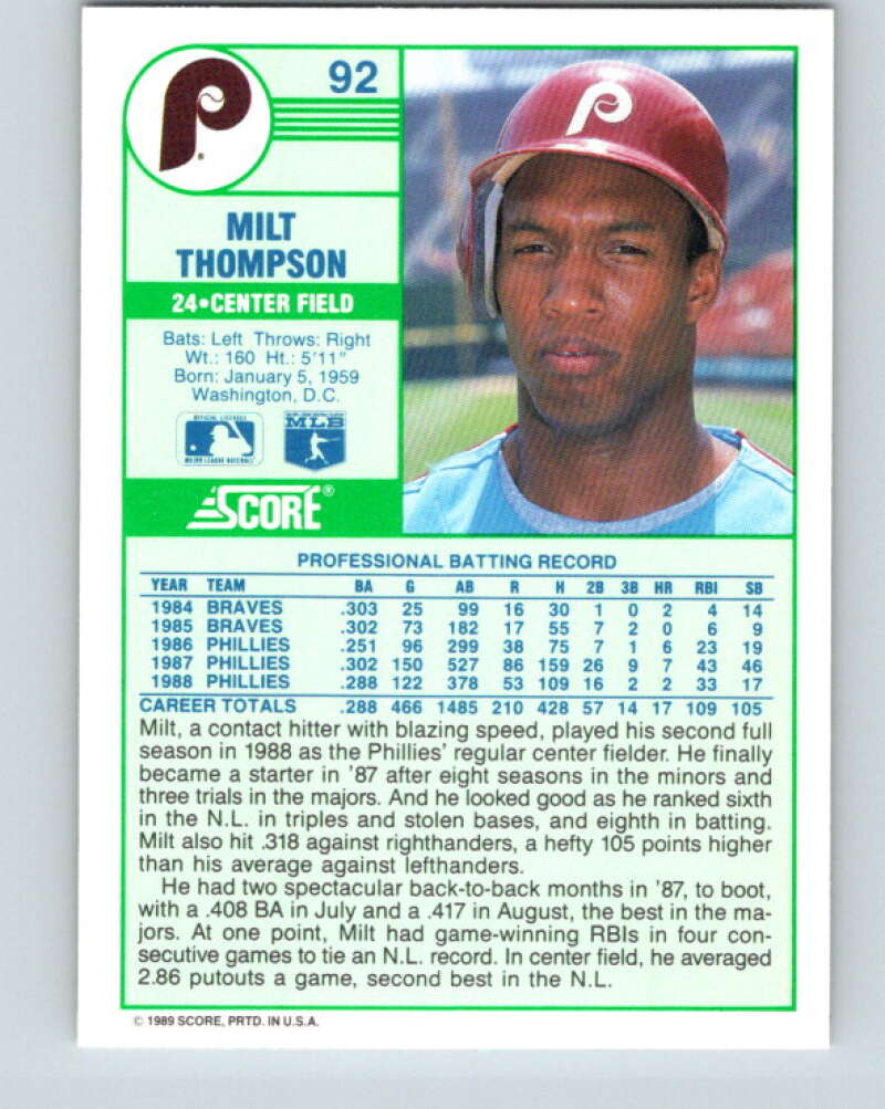 1989 Score #92 Milt Thompson Mint Philadelphia Phillies