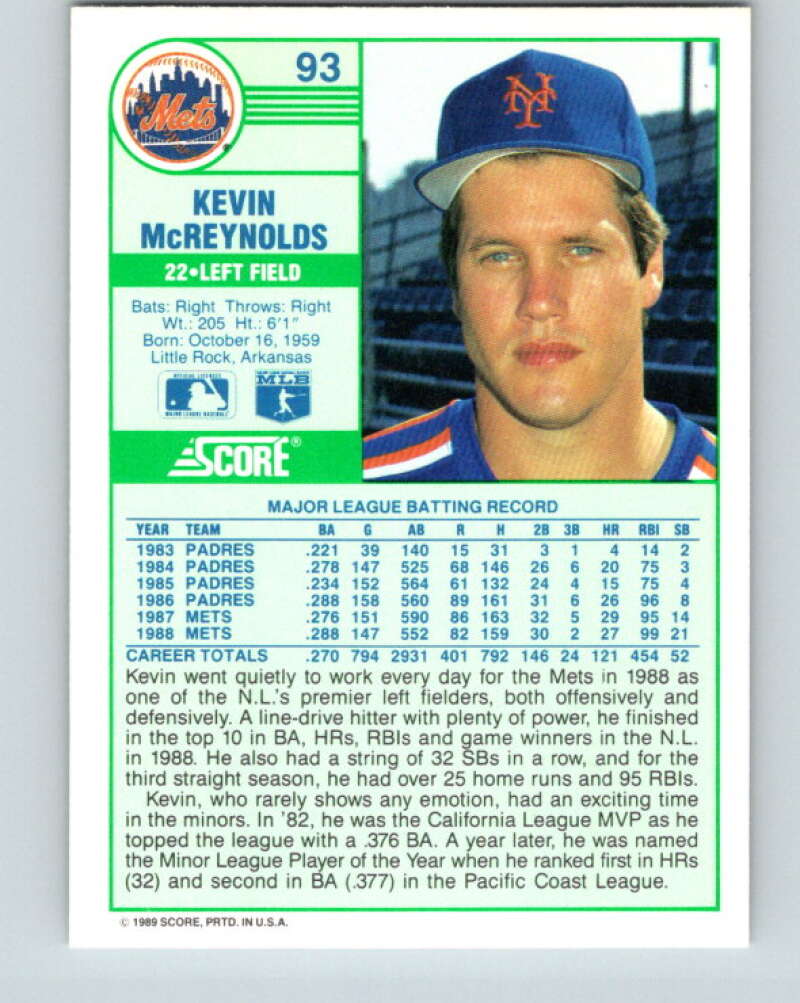 1989 Score #93 Kevin McReynolds Mint New York Mets