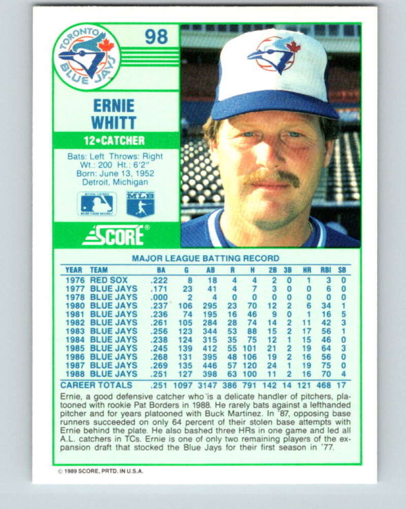 1989 Score #98 Ernie Whitt Mint Toronto Blue Jays