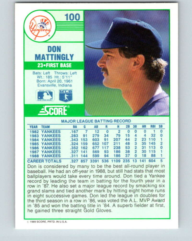 1989 Score #100 Don Mattingly Mint New York Yankees