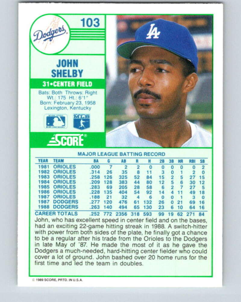 1989 Score #103 John Shelby Mint Los Angeles Dodgers