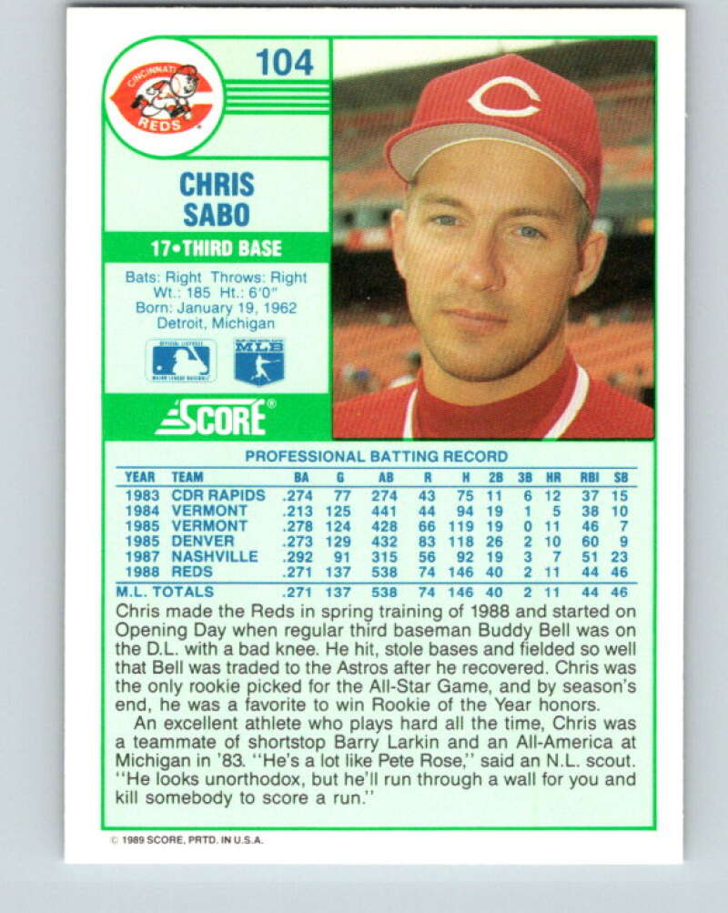 1989 Score #104 Chris Sabo Mint Cincinnati Reds
