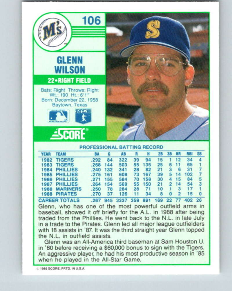1989 Score #106 Glenn Wilson Mint Seattle Mariners