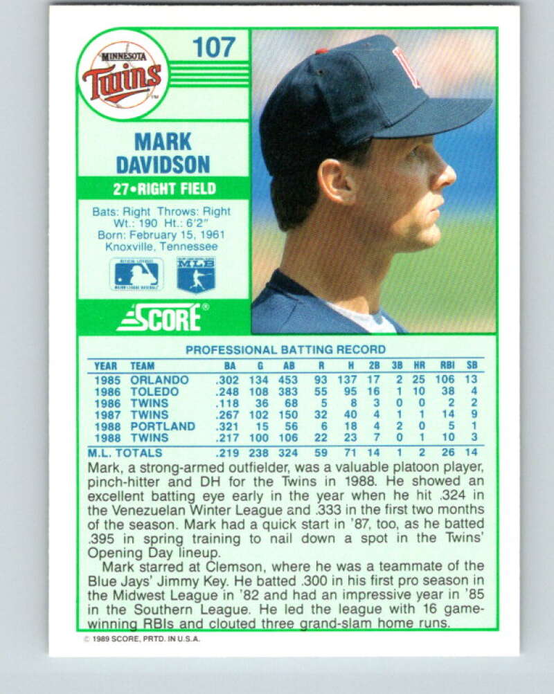 1989 Score #107 Mark Davidson Mint Minnesota Twins