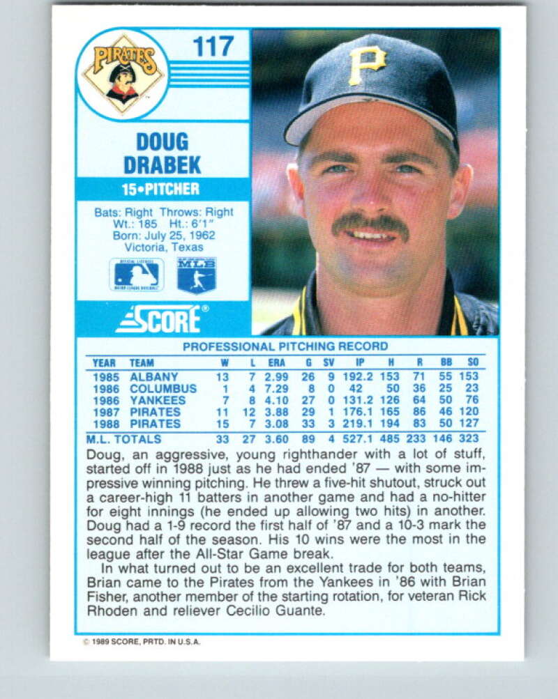 1989 Score #117 Doug Drabek Mint Pittsburgh Pirates
