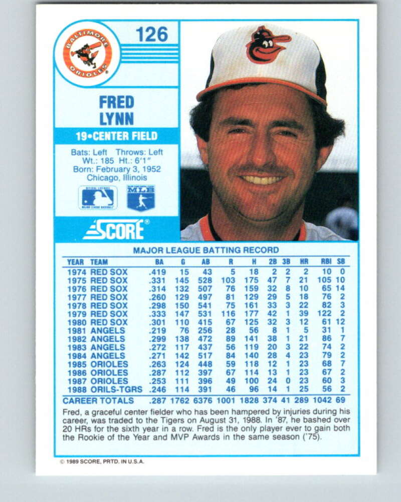 1989 Score #126 Fred Lynn Mint Baltimore Orioles