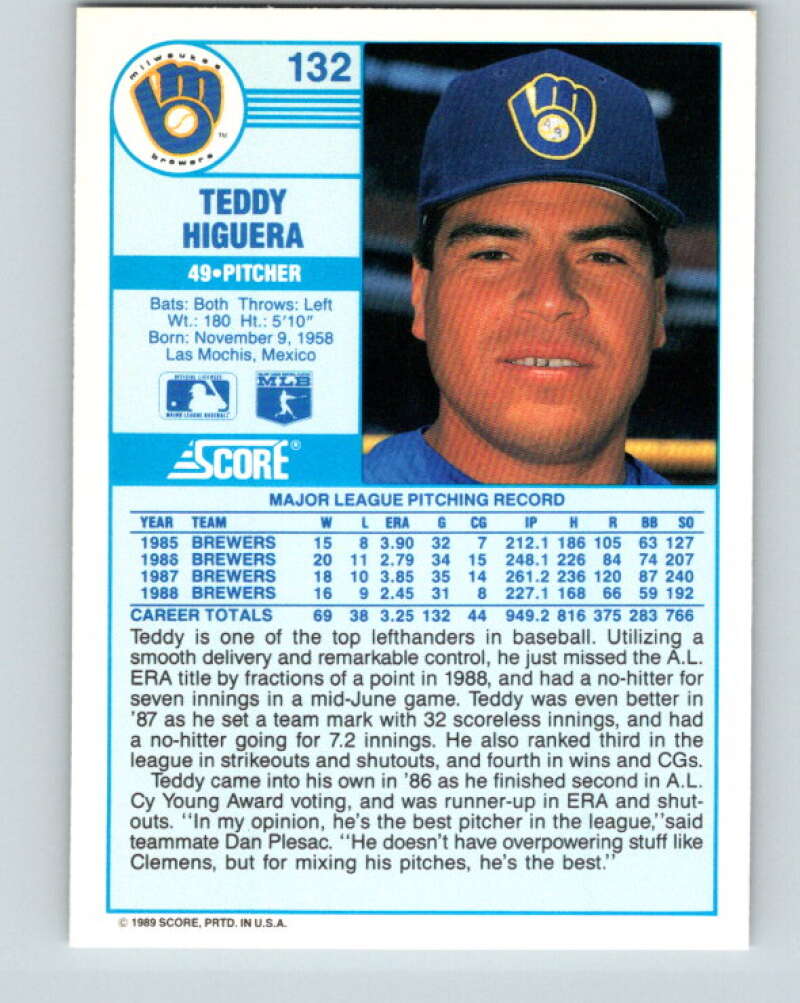 1989 Score #132 Teddy Higuera Mint Milwaukee Brewers