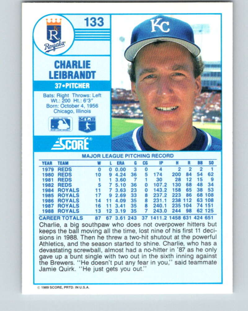 1989 Score #133 Charlie Leibrandt Mint Kansas City Royals