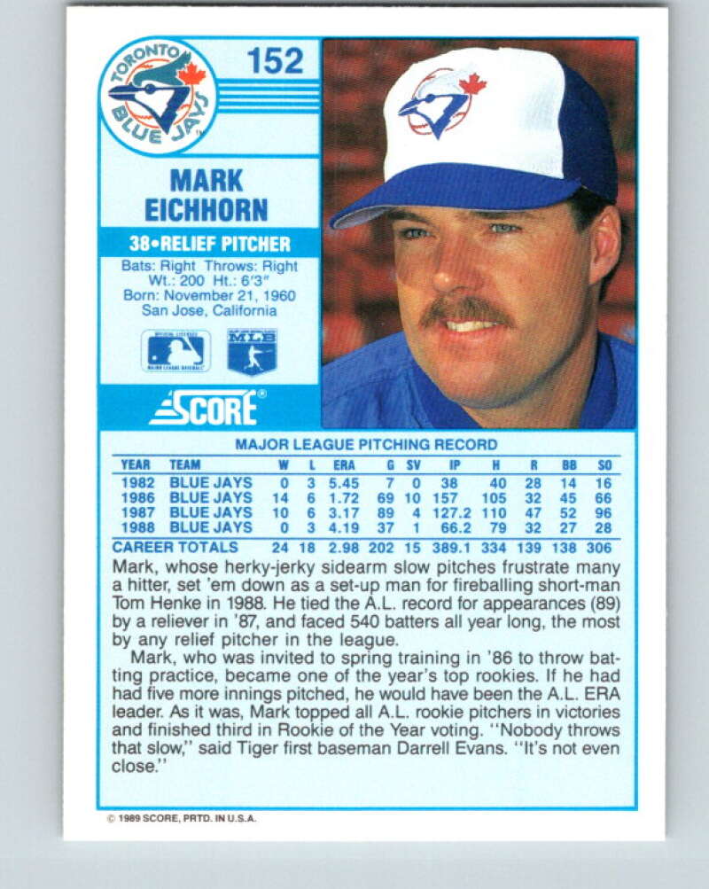 1989 Score #152 Mark Eichhorn Mint Toronto Blue Jays