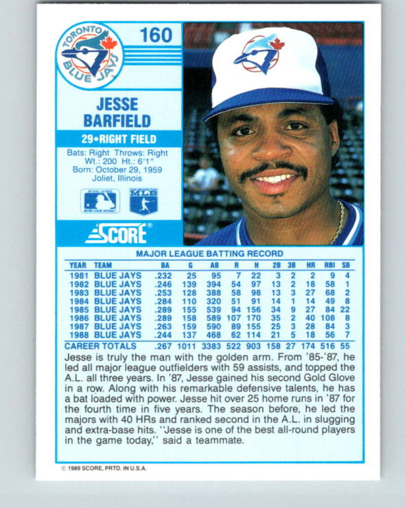 1989 Score #160 Jesse Barfield Mint Toronto Blue Jays