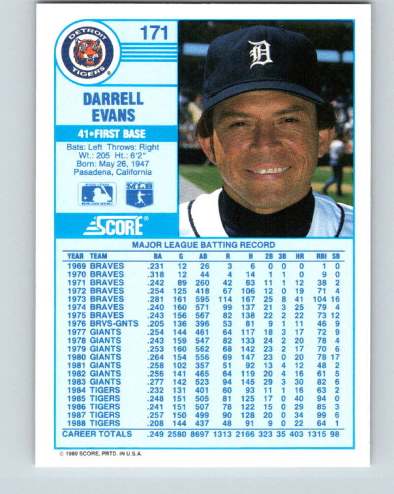 1989 Score #171 Darrell Evans Mint Detroit Tigers
