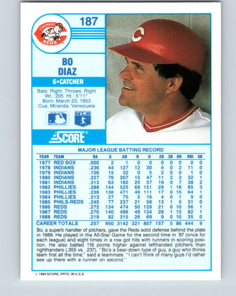 1989 Score #187 Bo Diaz Mint Cincinnati Reds