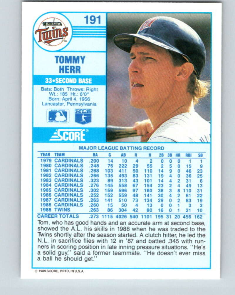 1989 Score #191 Tom Herr Mint Minnesota Twins