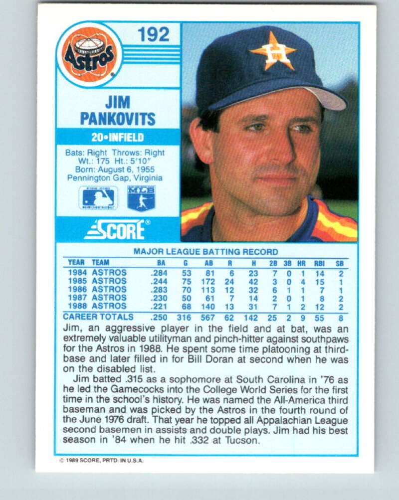 1989 Score #192 Jim Pankovits Mint Houston Astros