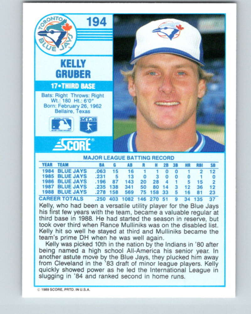 1989 Score #194 Kelly Gruber Mint Toronto Blue Jays
