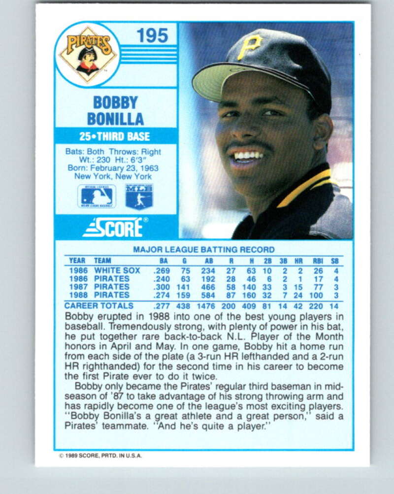 1989 Score #195 Bobby Bonilla Mint Pittsburgh Pirates