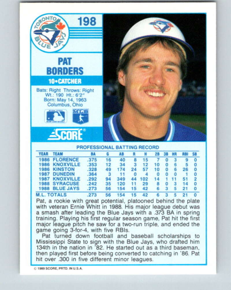 1989 Score #198 Pat Borders Mint Toronto Blue Jays