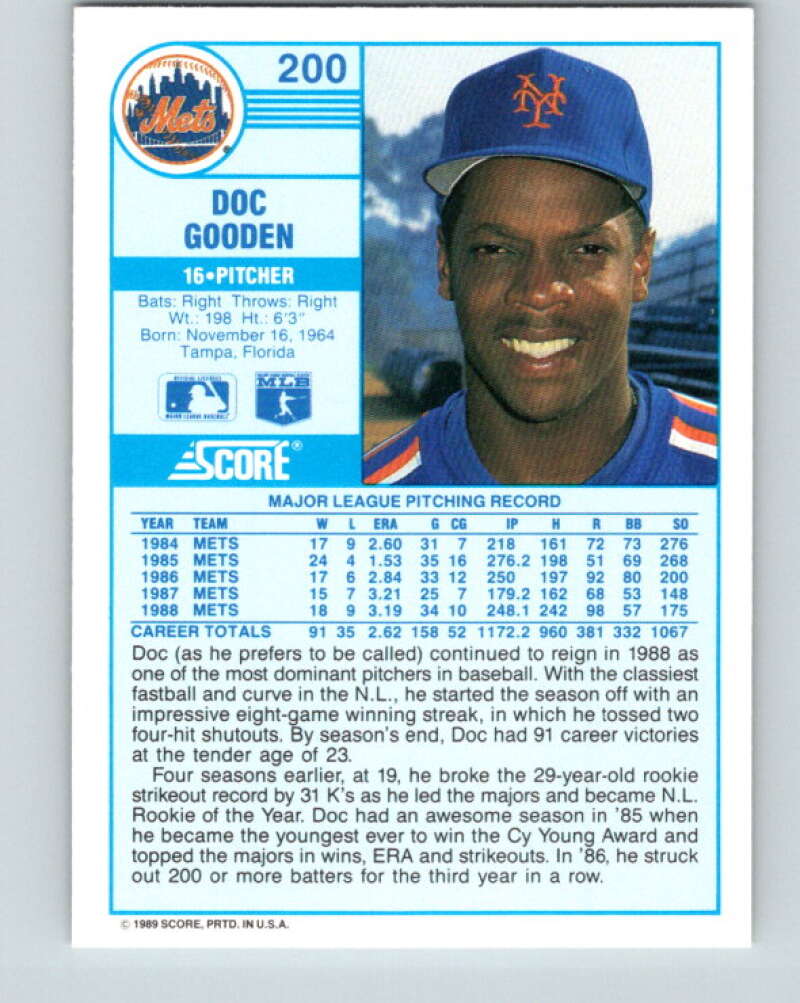1989 Score #200 Dwight Gooden Mint New York Mets