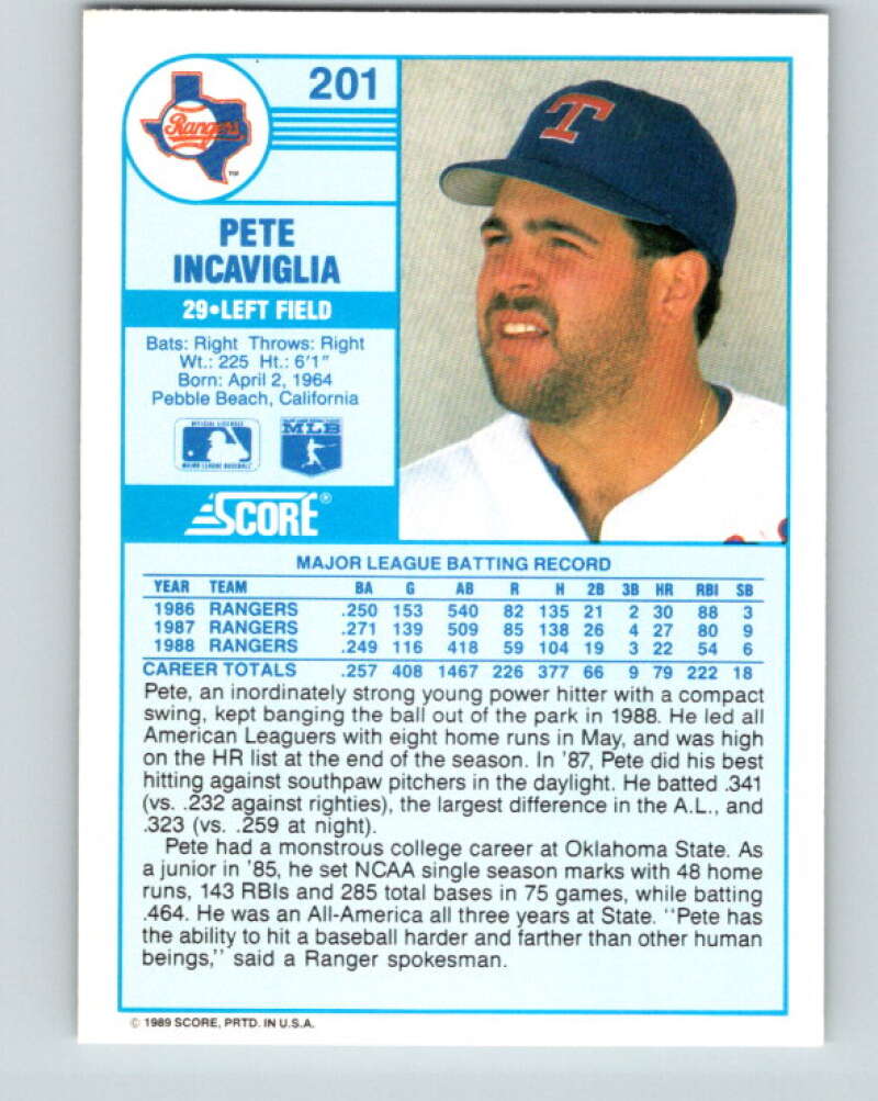 1989 Score #201 Pete Incaviglia Mint Texas Rangers