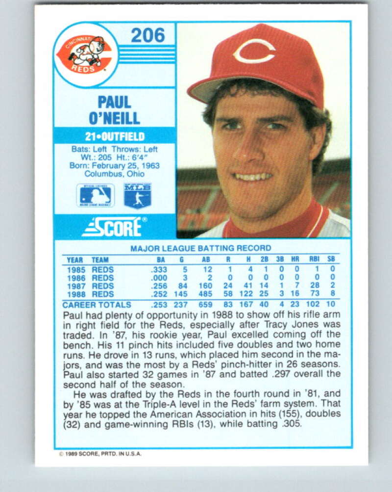 1989 Score #206 Paul O'Neill Mint Cincinnati Reds