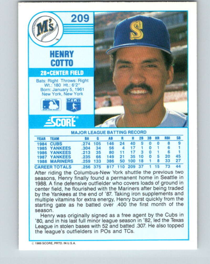 1989 Score #209 Henry Cotto Mint Seattle Mariners