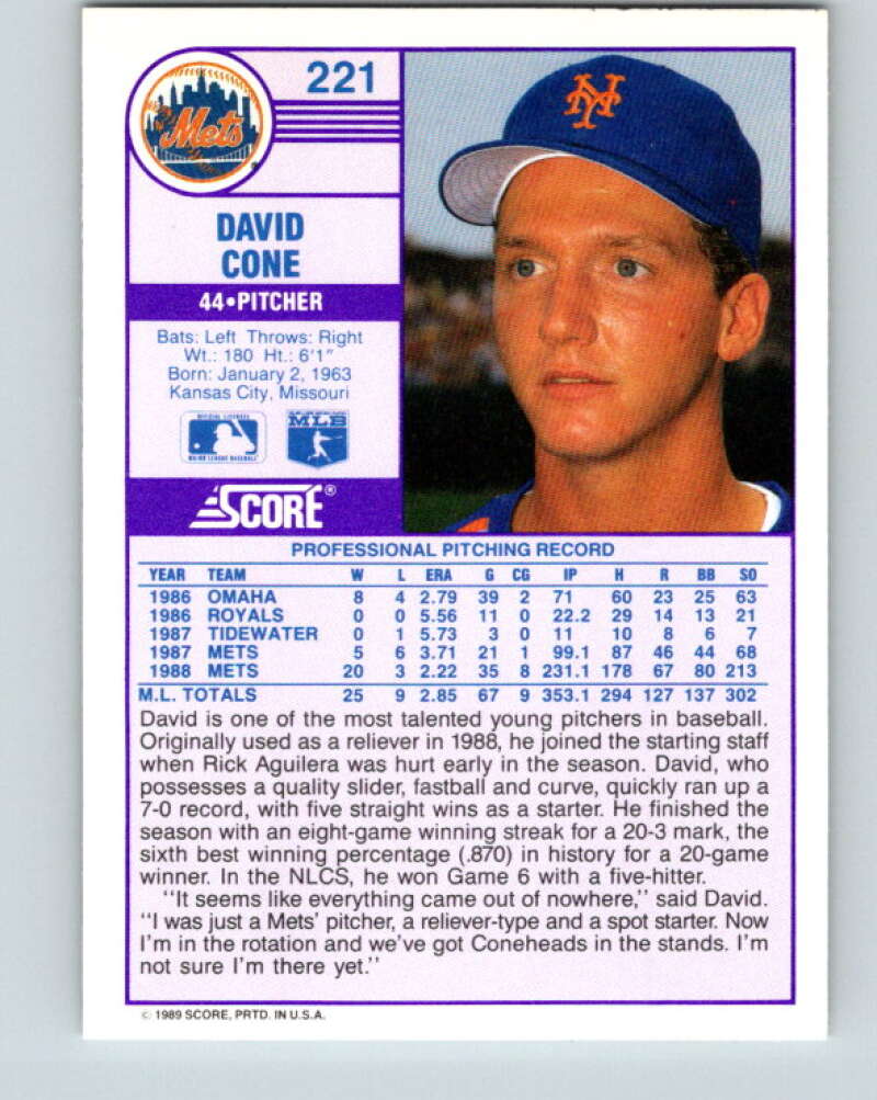 1989 Score #221 David Cone Mint New York Mets