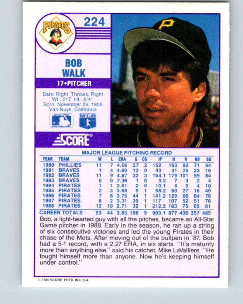 1989 Score #224 Bob Walk Mint Pittsburgh Pirates
