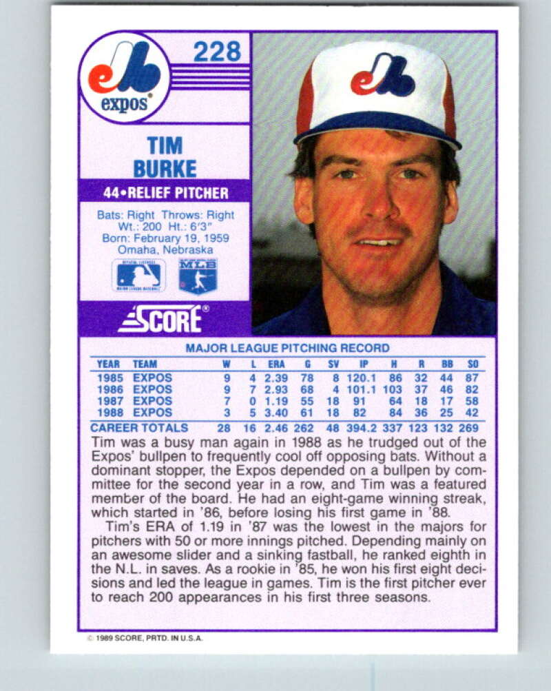 1989 Score #228 Tim Burke Mint Montreal Expos