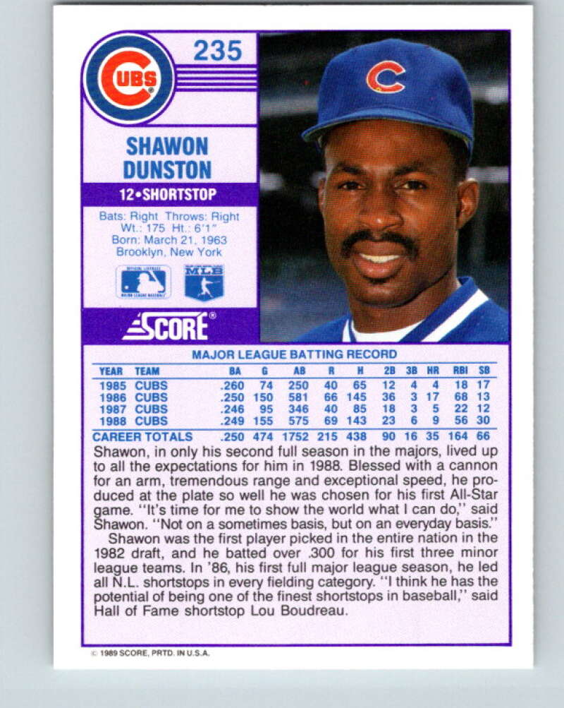 1989 Score #235 Shawon Dunston Mint Chicago Cubs