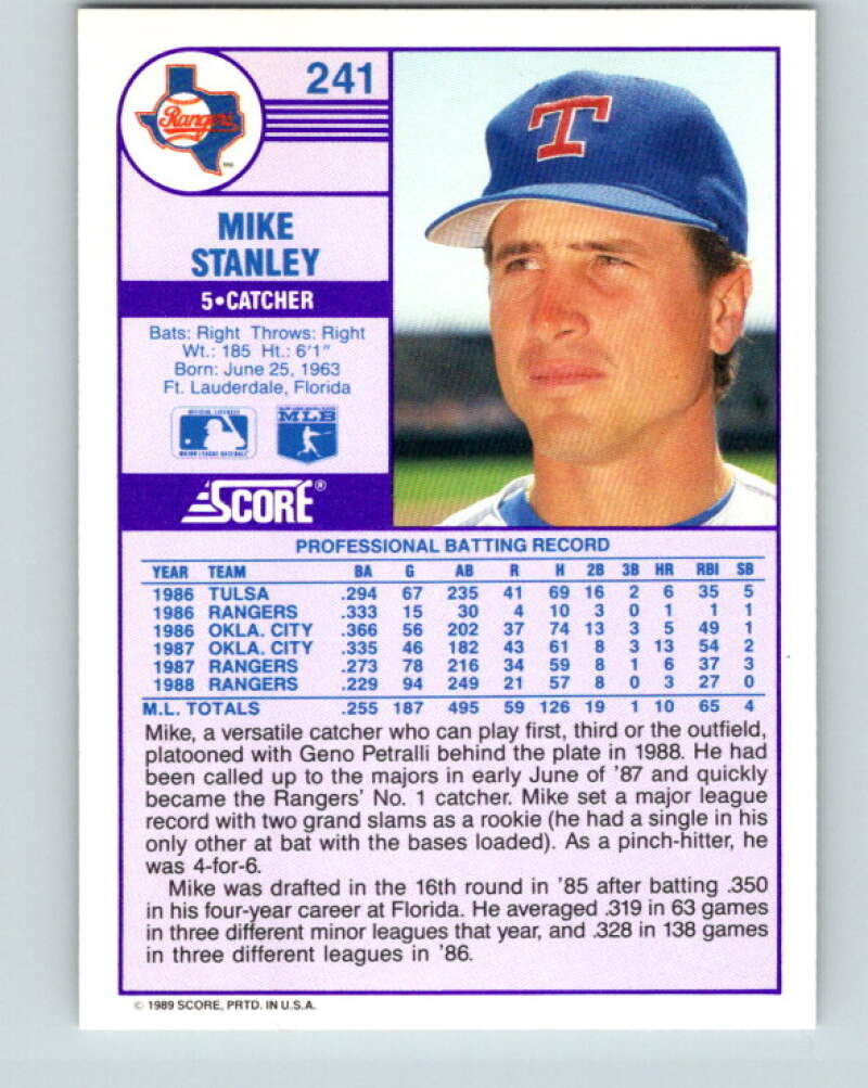 1989 Score #241 Mike Stanley Mint Texas Rangers