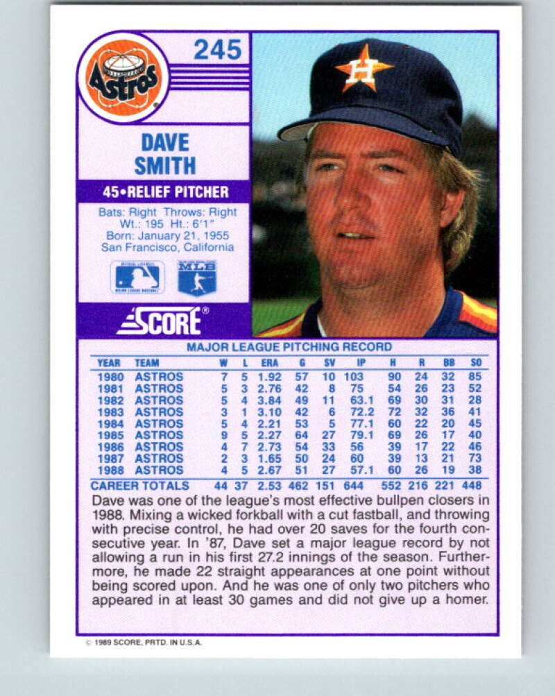 1989 Score #245 Dave Smith Mint Houston Astros