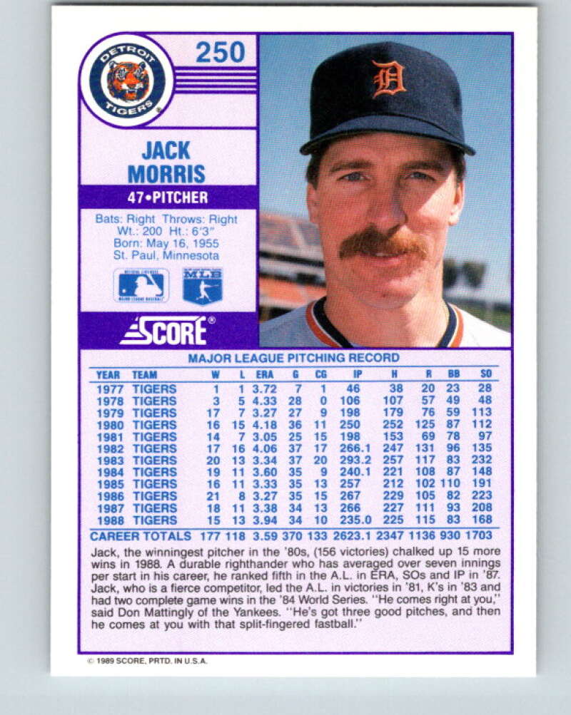 1989 Score #250 Jack Morris Mint Detroit Tigers