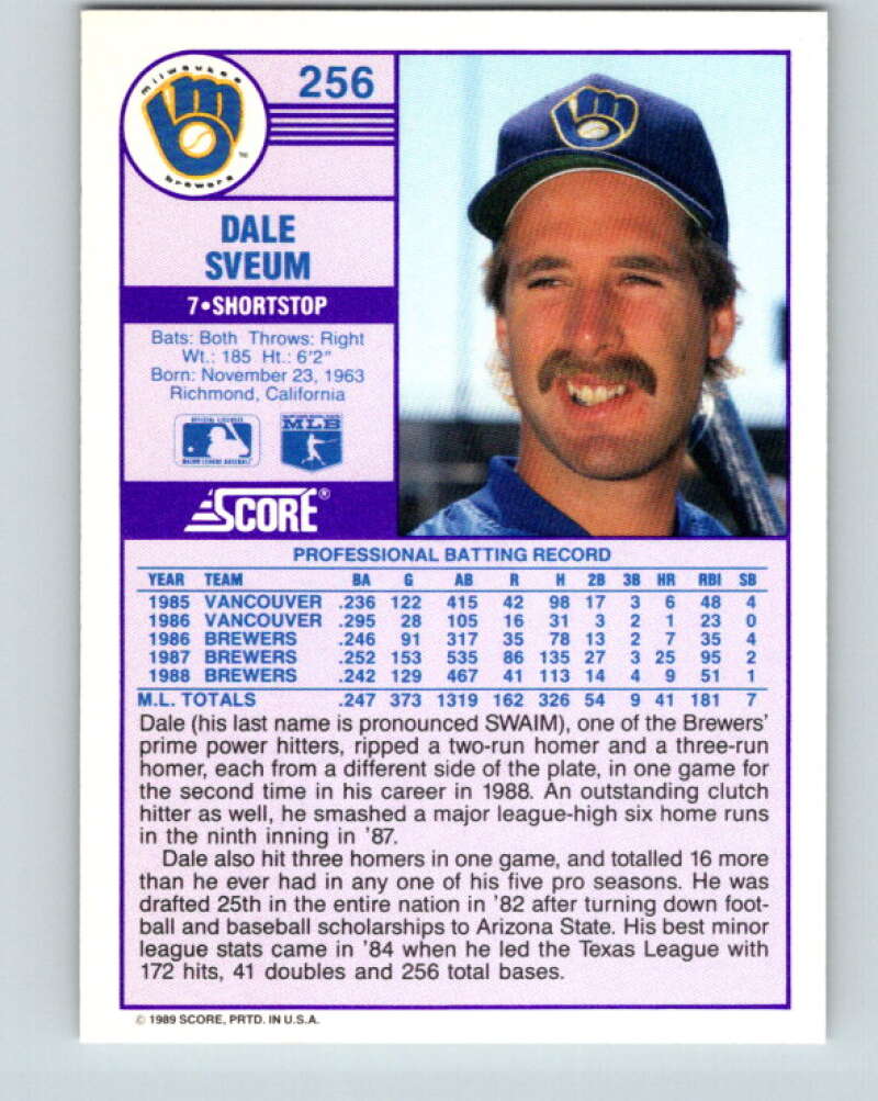 1989 Score #256 Dale Sveum Mint Milwaukee Brewers
