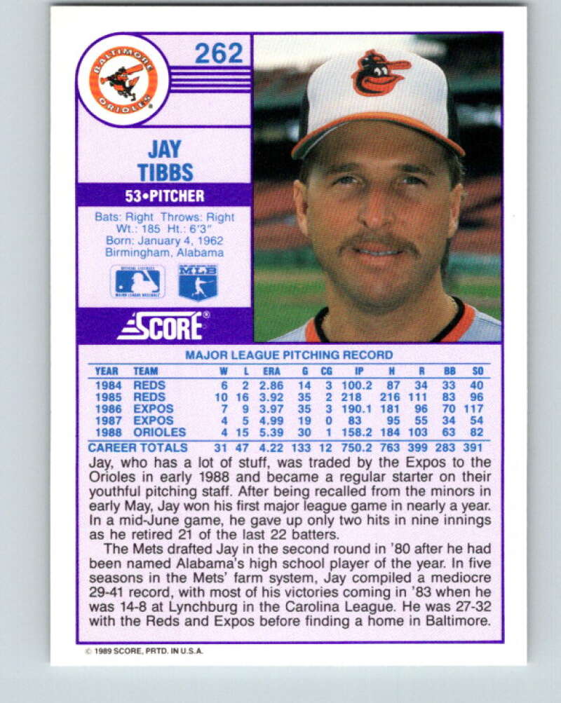 1989 Score #262 Jay Tibbs Mint Baltimore Orioles