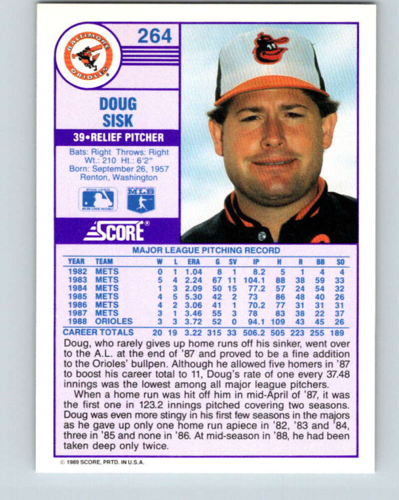 1989 Score #264 Doug Sisk Mint Baltimore Orioles