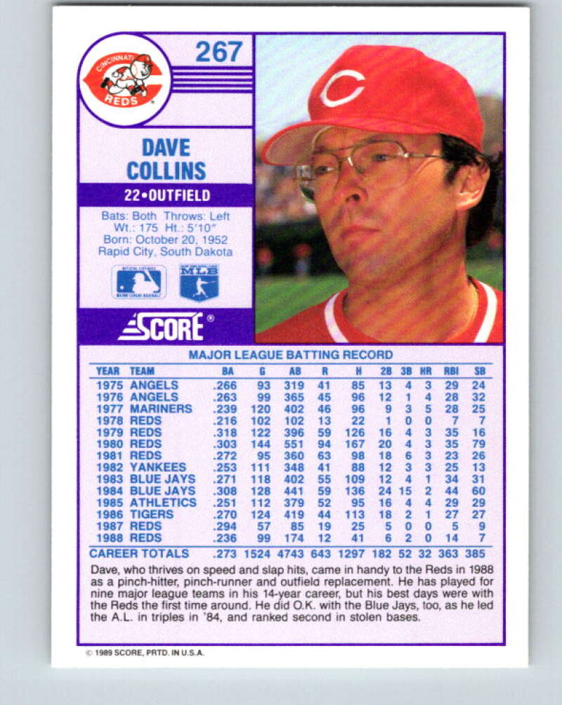 1989 Score #267 Dave Collins Mint Cincinnati Reds