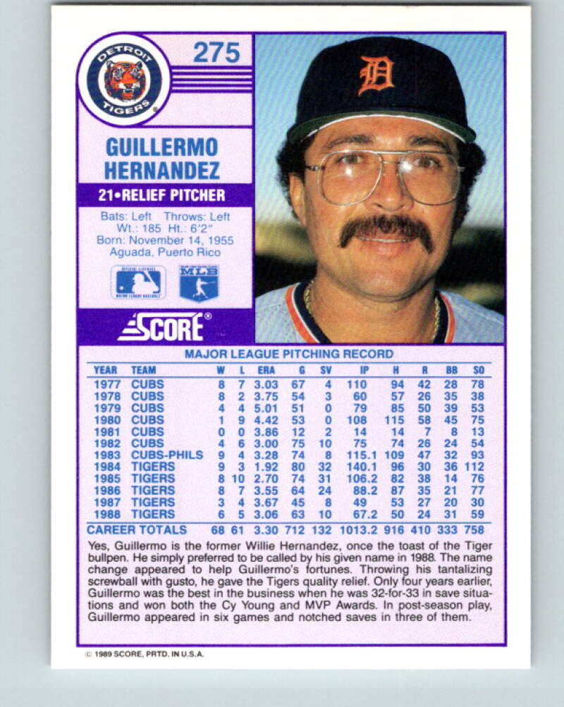1989 Score #275 Guillermo Hernandez Mint Detroit Tigers