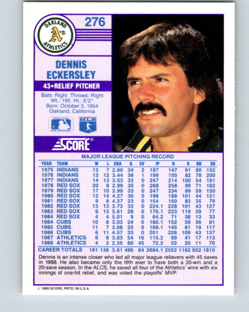 1989 Score #276 Dennis Eckersley Mint Oakland Athletics