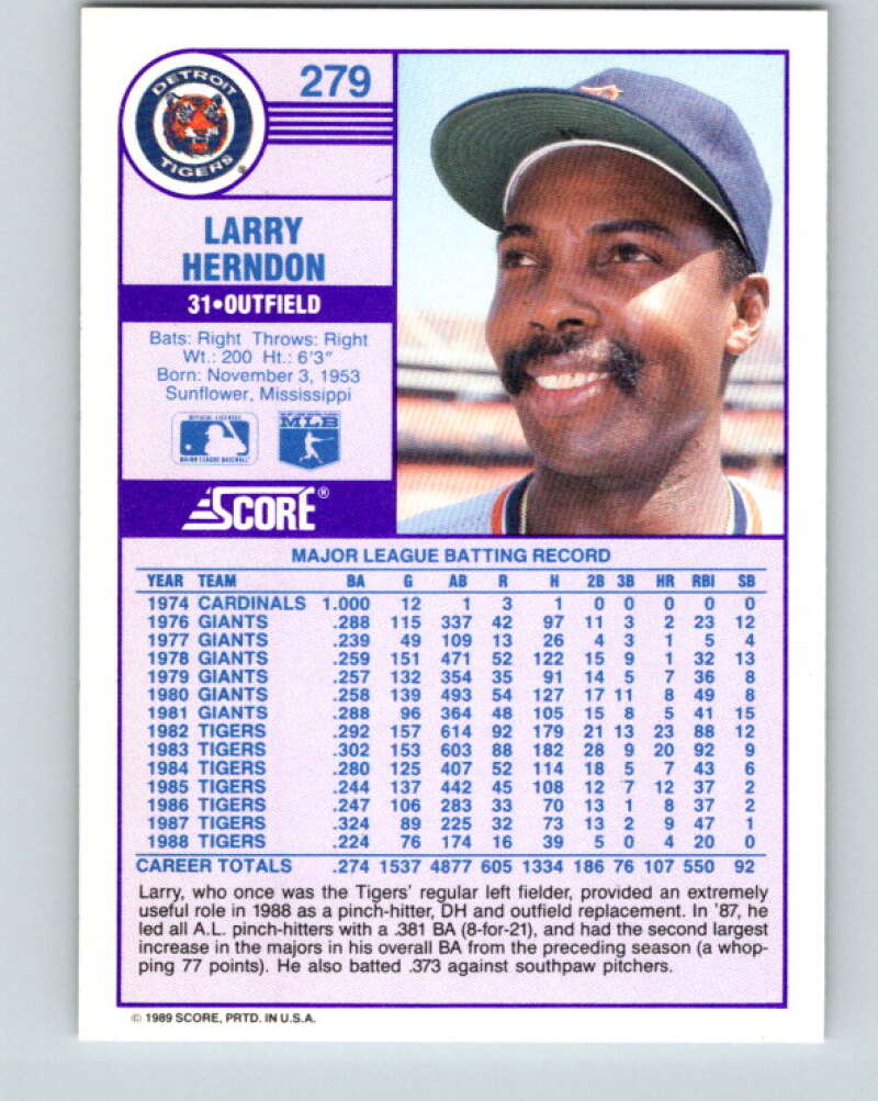 1989 Score #279 Larry Herndon Mint Detroit Tigers