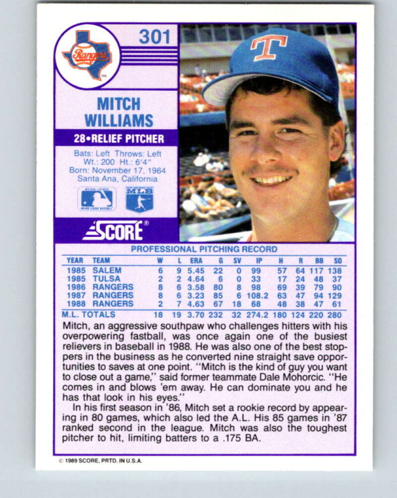 1989 Score #301 Mitch Williams Mint Texas Rangers