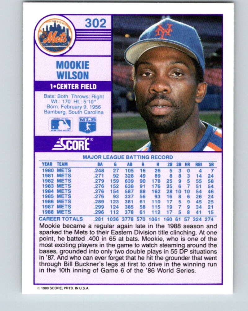 1989 Score #302 Mookie Wilson Mint New York Mets