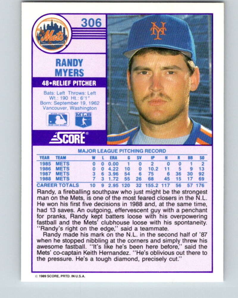 1989 Score #306 Randy Myers Mint New York Mets