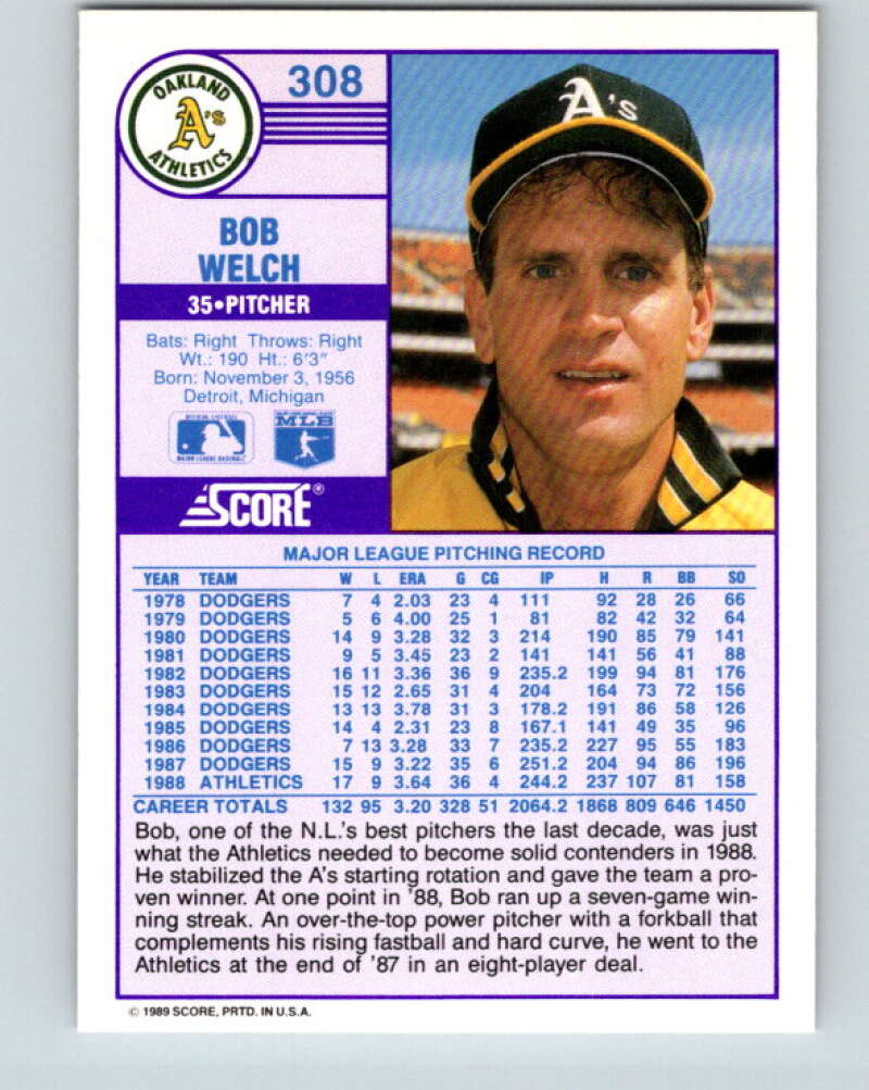 1989 Score #308 Bob Welch Mint Oakland Athletics